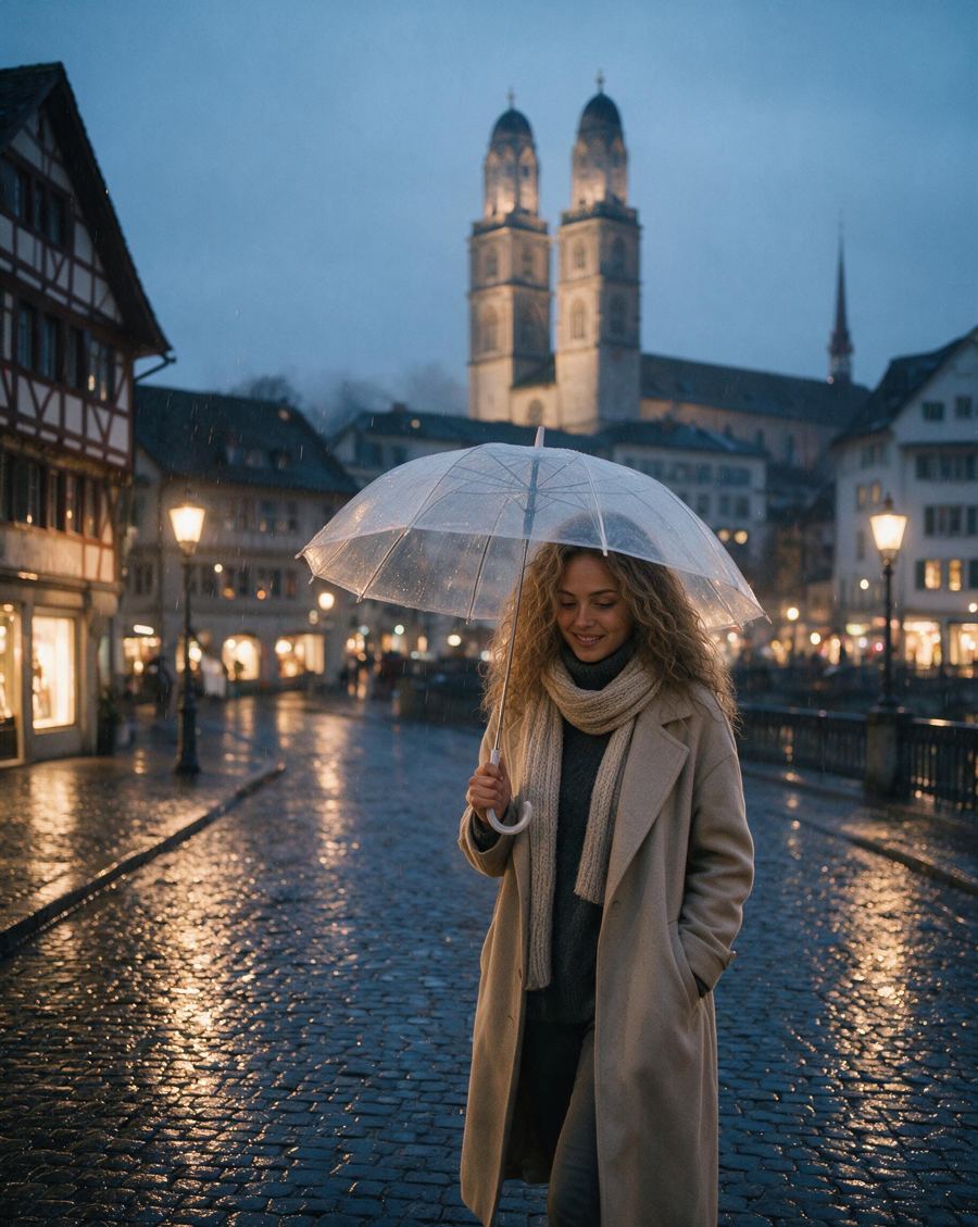 Lea mit Schirm vor dem Grossmünster im Regen
